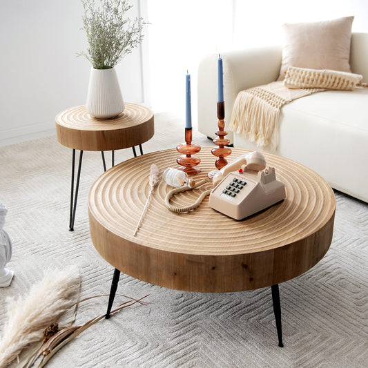 2-Piece Modern Farmhouse Living Room Coffee Table Set, Nesting Table Round Natural Finish with Handcrafted Wood Ring Motif, Wood Colour